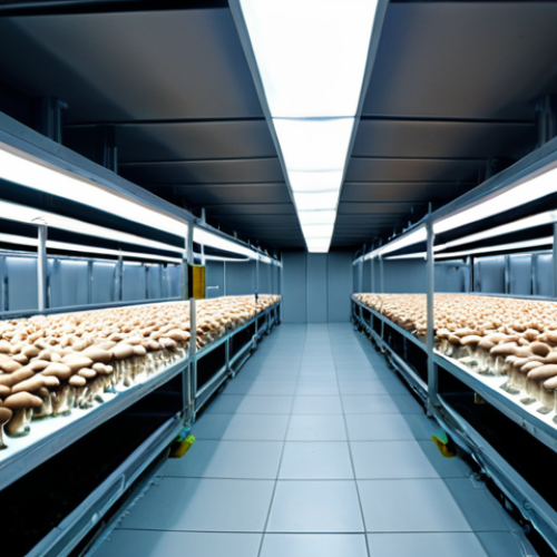 **Sustainable Mushroom Farm with IoT:** A modern mushroom farm interior. Show sensors monitoring humidity, temperature, and light levels. Various types of mushrooms (e.g., *nang fah*, *hed hom*) are growing. Soft, diffused LED lighting. Focus on the technology and sustainable practices.