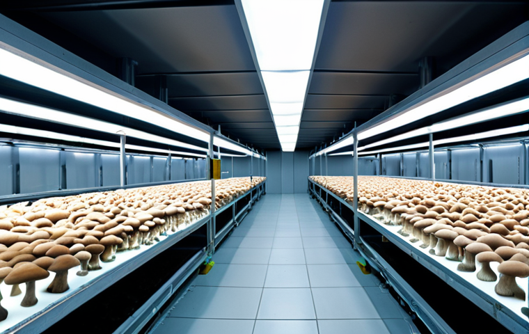 **Sustainable Mushroom Farm with IoT:** A modern mushroom farm interior. Show sensors monitoring humidity, temperature, and light levels. Various types of mushrooms (e.g., *nang fah*, *hed hom*) are growing. Soft, diffused LED lighting. Focus on the technology and sustainable practices.