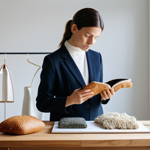 A professional female designer, fully clothed in a modest, contemporary business outfit, carefully examining a luxurious, innovative handbag crafted entirely from mycelium leather. She is standing in a brightly lit, minimalist design studio, with various mycelium fabric swatches and sustainable product prototypes displayed on a clean wooden table in the background. The scene emphasizes elegance, sustainability, and cutting-edge material science. Perfect anatomy, correct proportions, natural pose, well-formed hands, proper finger count, natural body proportions. High-resolution, professional photography, natural lighting. Safe for work, appropriate content, family-friendly.