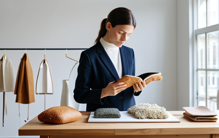 A professional female designer, fully clothed in a modest, contemporary business outfit, carefully examining a luxurious, innovative handbag crafted entirely from mycelium leather. She is standing in a brightly lit, minimalist design studio, with various mycelium fabric swatches and sustainable product prototypes displayed on a clean wooden table in the background. The scene emphasizes elegance, sustainability, and cutting-edge material science. Perfect anatomy, correct proportions, natural pose, well-formed hands, proper finger count, natural body proportions. High-resolution, professional photography, natural lighting. Safe for work, appropriate content, family-friendly.