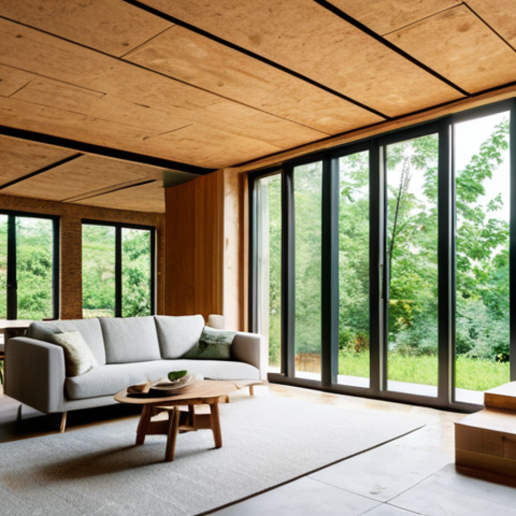 **
"A modern home constructed with mycelium bricks, showcasing its natural insulation properties. The house features a sustainable design with large windows and a green roof. Lush greenery surrounds the home. Interior view showing the breathable walls and comfortable living space. Fully clothed family inside. Safe for work, appropriate content, fully clothed, professional architecture photography, perfect anatomy, natural proportions, modern, family-friendly."
**
