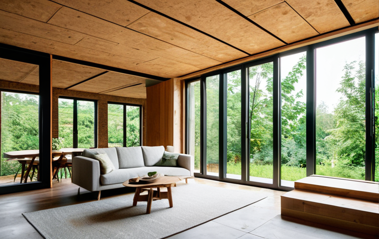 **

"A modern home constructed with mycelium bricks, showcasing its natural insulation properties. The house features a sustainable design with large windows and a green roof. Lush greenery surrounds the home. Interior view showing the breathable walls and comfortable living space. Fully clothed family inside. Safe for work, appropriate content, fully clothed, professional architecture photography, perfect anatomy, natural proportions, modern, family-friendly."

**