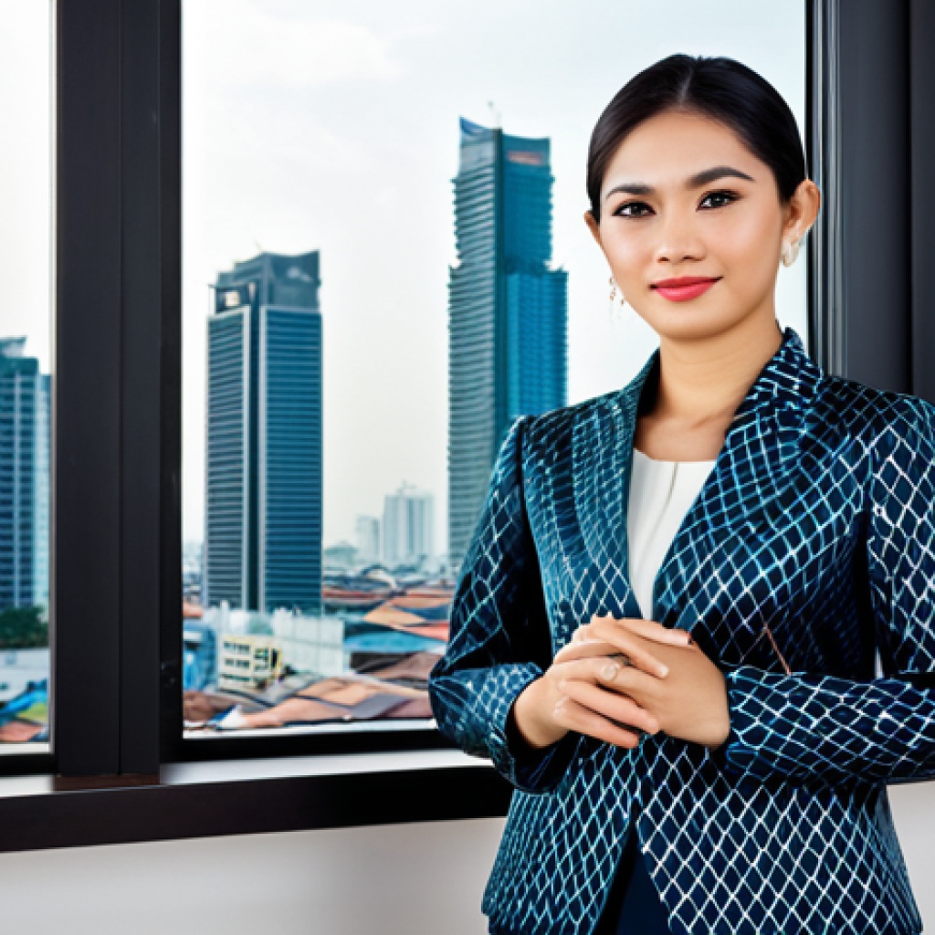 **
* **Subject:** A professional Thai businesswoman
* **Clothing:** Wearing a modest, tailored business suit in traditional Thai silk patterns.
* **Environment:** Standing in a modern office in Bangkok with large windows overlooking the city.
* **Quality Modifiers:** High-resolution, professional photography, natural lighting, sharp focus, perfect anatomy, correct proportions, well-formed hands, proper finger count, natural pose.
* **Safety:** Safe for work, appropriate content, fully clothed, professional, family-friendly.
**