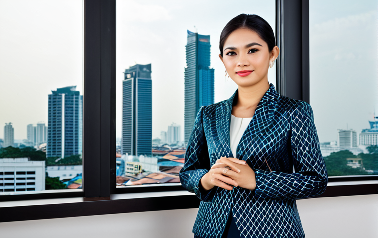 **

*   **Subject:** A professional Thai businesswoman
*   **Clothing:** Wearing a modest, tailored business suit in traditional Thai silk patterns.
*   **Environment:** Standing in a modern office in Bangkok with large windows overlooking the city.
*   **Quality Modifiers:** High-resolution, professional photography, natural lighting, sharp focus, perfect anatomy, correct proportions, well-formed hands, proper finger count, natural pose.
*   **Safety:** Safe for work, appropriate content, fully clothed, professional, family-friendly.

**