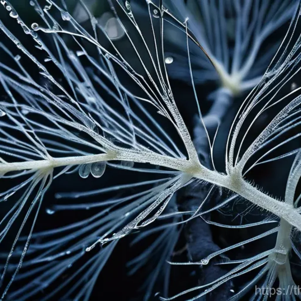 버섯 기반 섬유의 활용 가능성 - **Prompt:** A macro shot focusing on the intricate, delicate network of white mycelium fibers growin...
