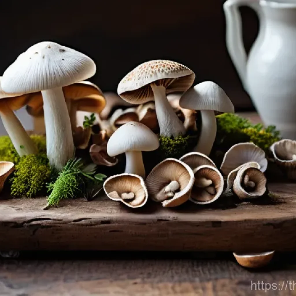 버섯 소재의 수요 증가 이유 - **Prompt:** A vibrant, close-up shot of an artistic arrangement of various fresh mushrooms on a rust...