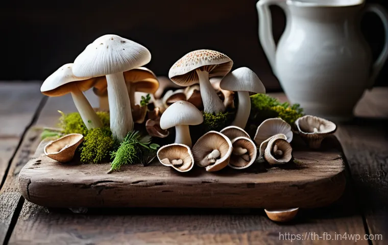 버섯 소재의 수요 증가 이유 - **Prompt:** A vibrant, close-up shot of an artistic arrangement of various fresh mushrooms on a rust...