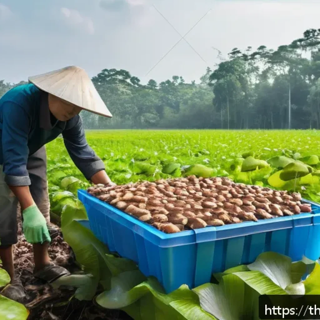 버섯 소재의 브랜딩 전략 - A sustainable mushroom farm scene in rural Thailand, showing farmers carefully harvesting organic mu...