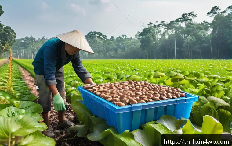 버섯 소재의 브랜딩 전략 - A sustainable mushroom farm scene in rural Thailand, showing farmers carefully harvesting organic mu...