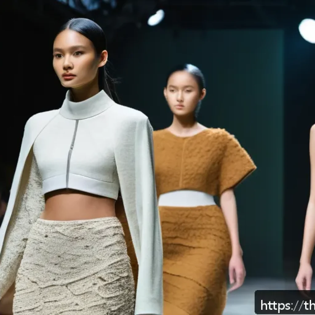 버섯 기반 섬유의 혁신적 접근 - A futuristic fashion runway scene featuring models wearing elegant garments made from mushroom mycel...