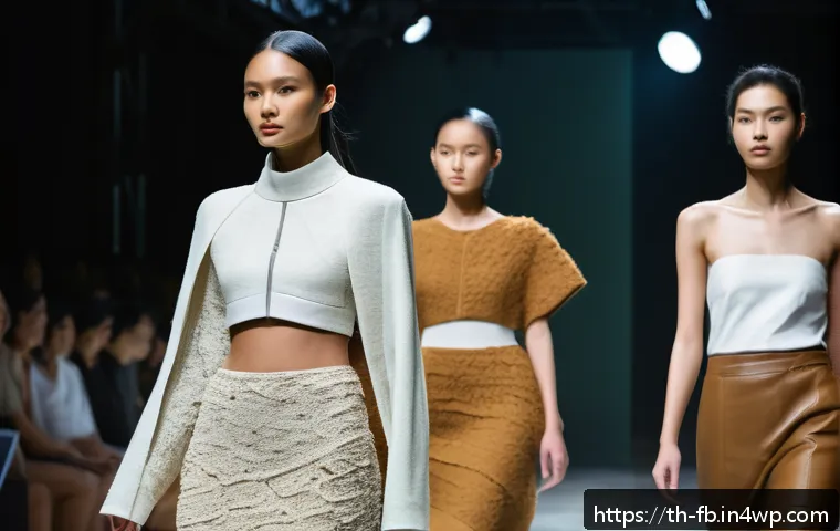 버섯 기반 섬유의 혁신적 접근 - A futuristic fashion runway scene featuring models wearing elegant garments made from mushroom mycel...