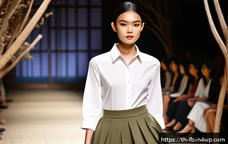 버섯 소재의 에코 패션 사례 - A modern Thai fashion runway scene showcasing models wearing elegant outfits made from mushroom fibe...