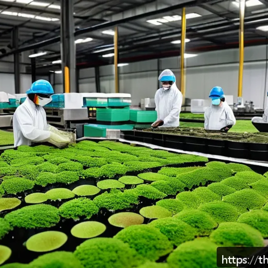 버섯 기반 소재의 투자 기회 - A modern Thai eco-friendly packaging factory producing biodegradable mushroom-based materials, showi...
