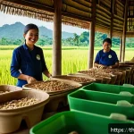 Home 23 버섯 소재의 사회적 영향 평가 - A vibrant rural Thai community workshop scene where local farmers, wearing casual eco-friendly cloth...