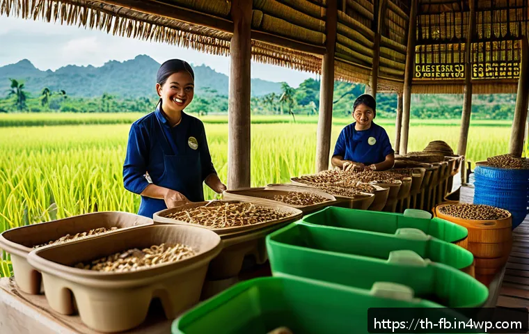 버섯 소재의 사회적 영향 평가 - A vibrant rural Thai community workshop scene where local farmers, wearing casual eco-friendly cloth...