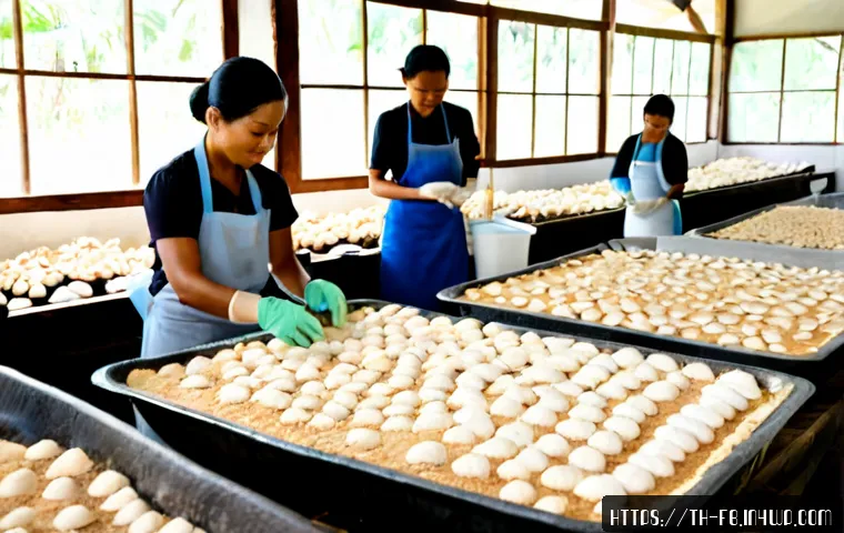 Home 17 버섯 소재의 제조 공정 이해하기 - Photorealistic wide view of a sustainable mushroom material workshop in Thailand, workers wearing cl...