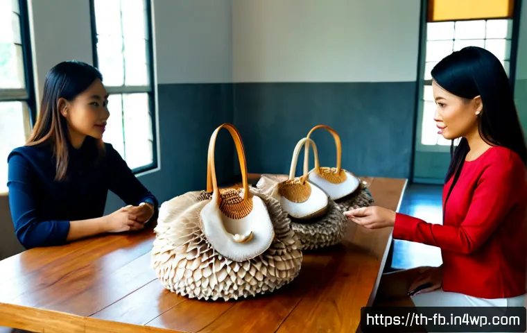 Home 17 버섯 소재의 브랜드 전략 - Photorealistic Thai sustainable fashion entrepreneur in a bright Bangkok design studio, comparing a ...